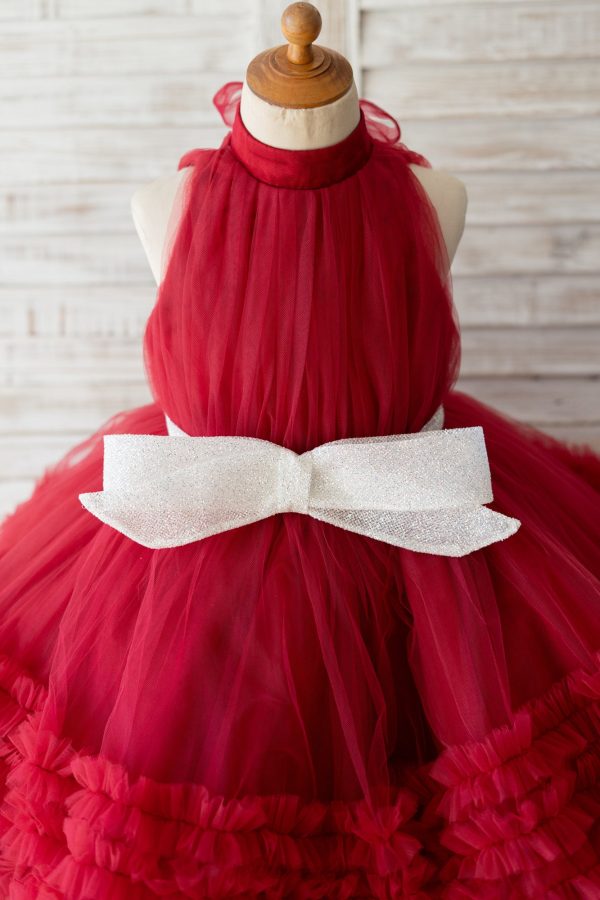 Halter Neck Burgundy Tulle Ruffles Wedding Flower Girl Dress Kids Party Dress - Image 3