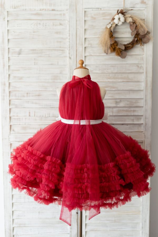 Halter Neck Burgundy Tulle Ruffles Wedding Flower Girl Dress Kids Party Dress - Image 2