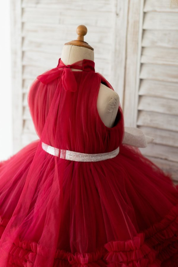 Halter Neck Burgundy Tulle Ruffles Wedding Flower Girl Dress Kids Party Dress - Image 4