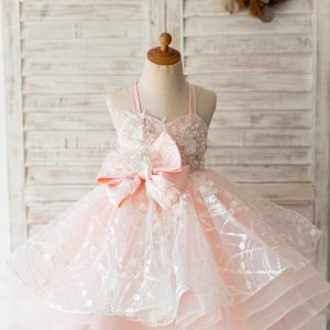 Pink Tulle Beaded Lace Straps Cross Back Wedding Flower Girl Dress Kids Formal Dress