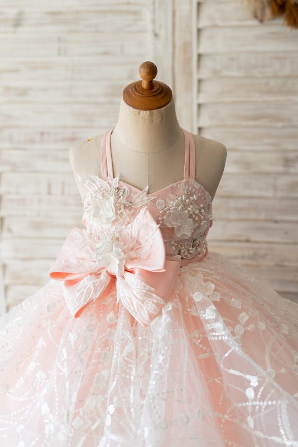Pink Tulle Beaded Lace Straps Cross Back Wedding Flower Girl Dress Kids Formal Dress - Image 3