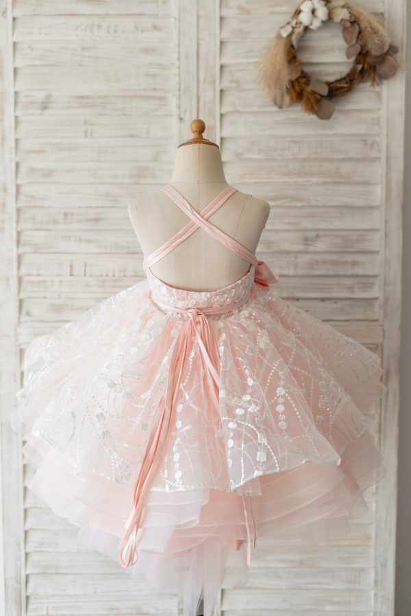 Pink Tulle Beaded Lace Straps Cross Back Wedding Flower Girl Dress Kids Formal Dress - Image 2