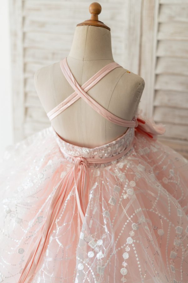 Pink Tulle Beaded Lace Straps Cross Back Wedding Flower Girl Dress Kids Formal Dress - Image 4