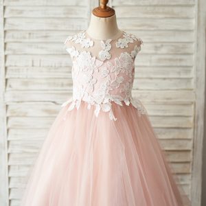 Mauve Tulle Ivory Lace Keyhole Back Wedding Flower Girl Dress Kids Formal Dress