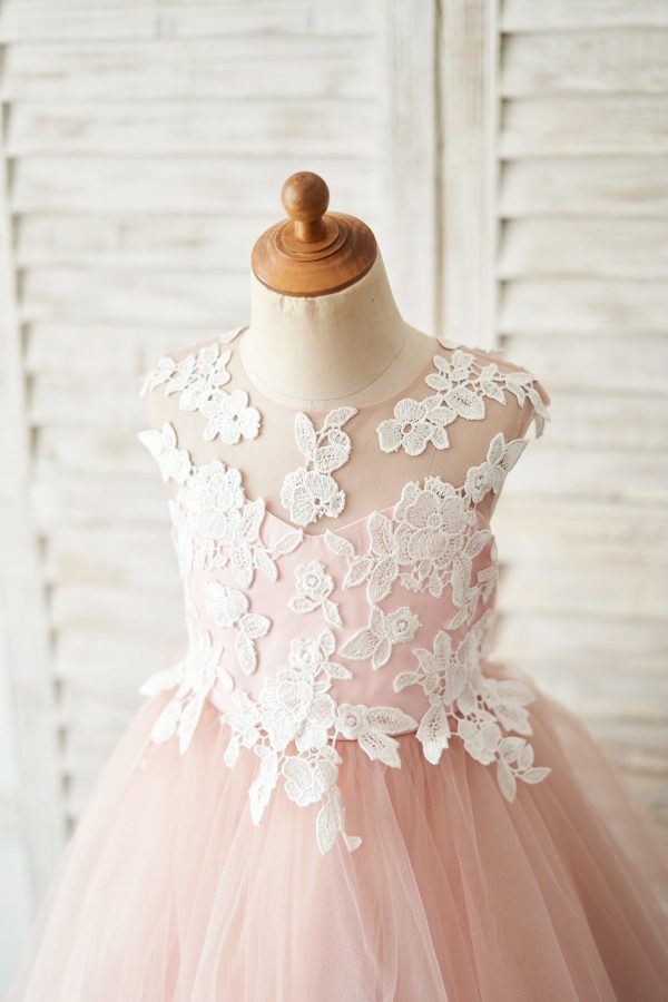Mauve Tulle Ivory Lace Keyhole Back Wedding Flower Girl Dress Kids Formal Dress - Image 2