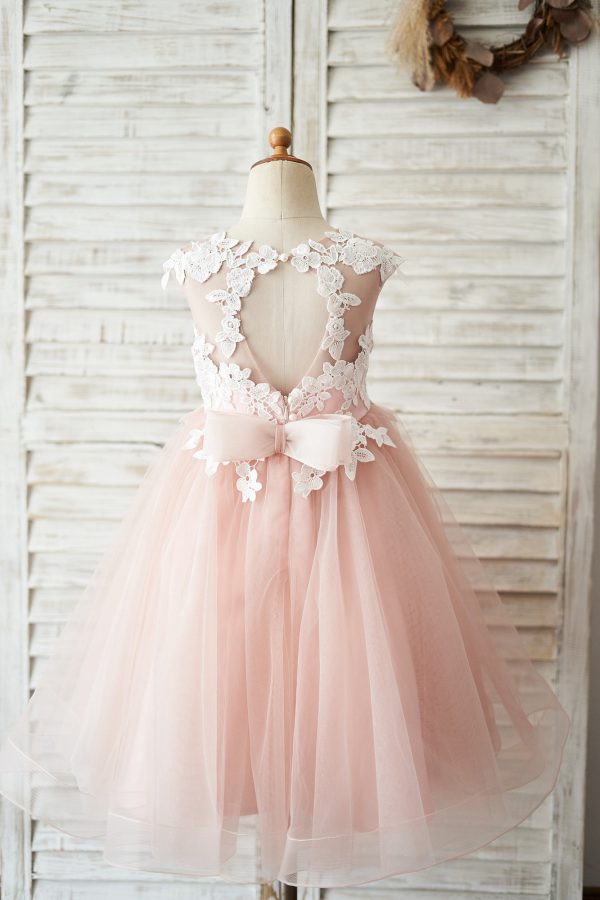 Mauve Tulle Ivory Lace Keyhole Back Wedding Flower Girl Dress Kids Formal Dress - Image 3