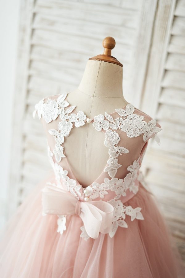 Mauve Tulle Ivory Lace Keyhole Back Wedding Flower Girl Dress Kids Formal Dress - Image 4