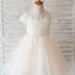 Princess Short Sleeves Ivory Lace Champagne Tulle Wedding Flower Girl Dress