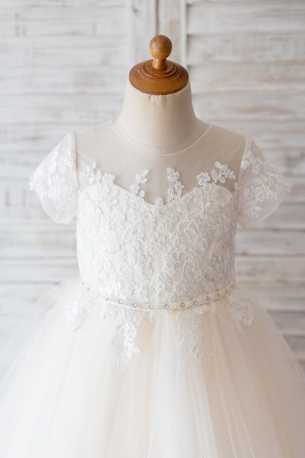 Princess Short Sleeves Ivory Lace Champagne Tulle Wedding Flower Girl Dress - Image 3