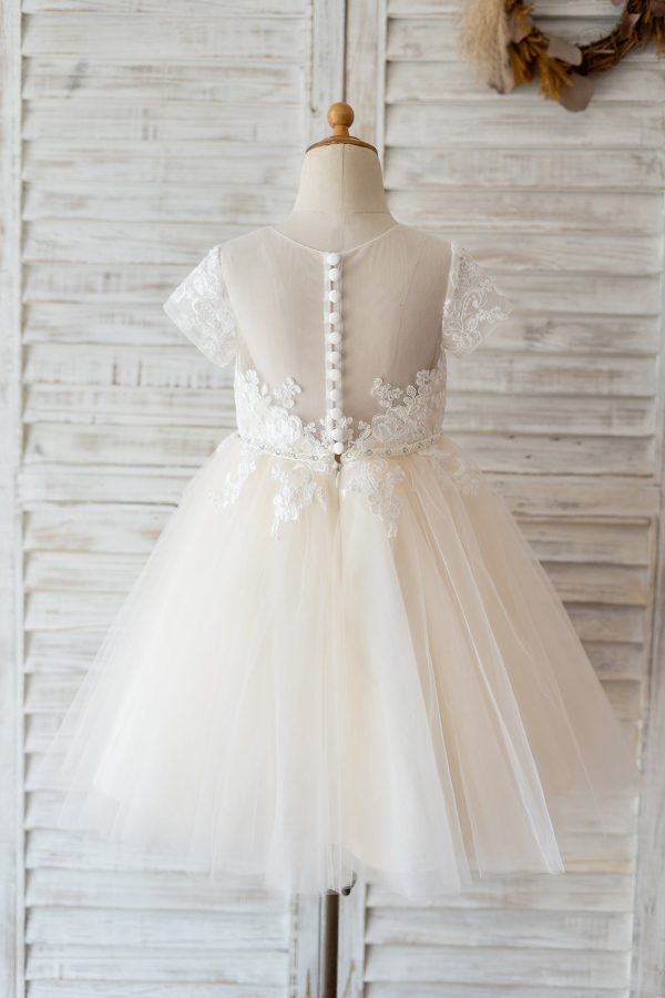 Princess Short Sleeves Ivory Lace Champagne Tulle Wedding Flower Girl Dress - Image 2