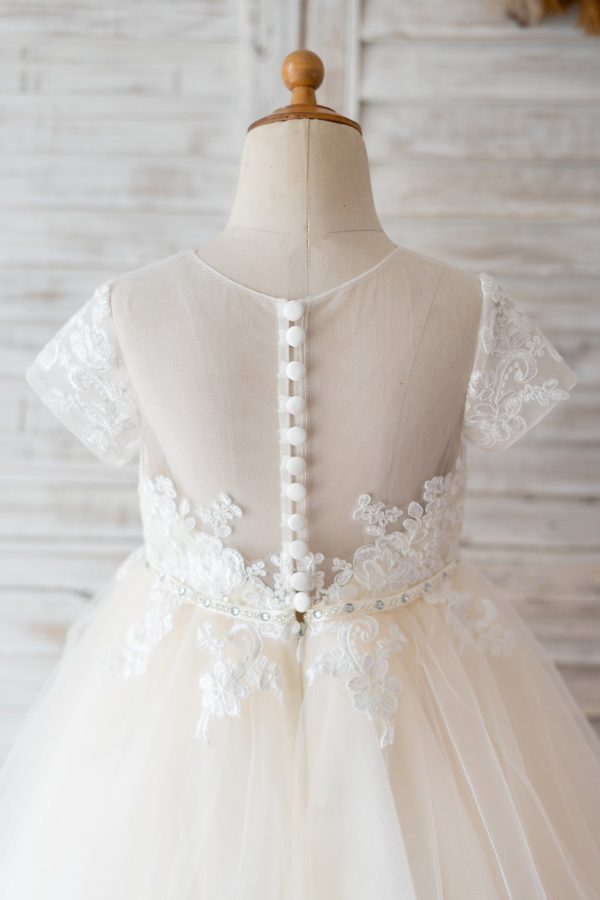 Princess Short Sleeves Ivory Lace Champagne Tulle Wedding Flower Girl Dress - Image 4