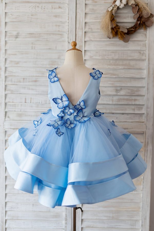 V Neck Blue Satin Butterfly Wedding Flower Girl Dress, Horsehair Hem - Image 2