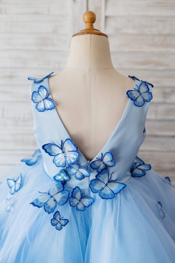 V Neck Blue Satin Butterfly Wedding Flower Girl Dress, Horsehair Hem - Image 4
