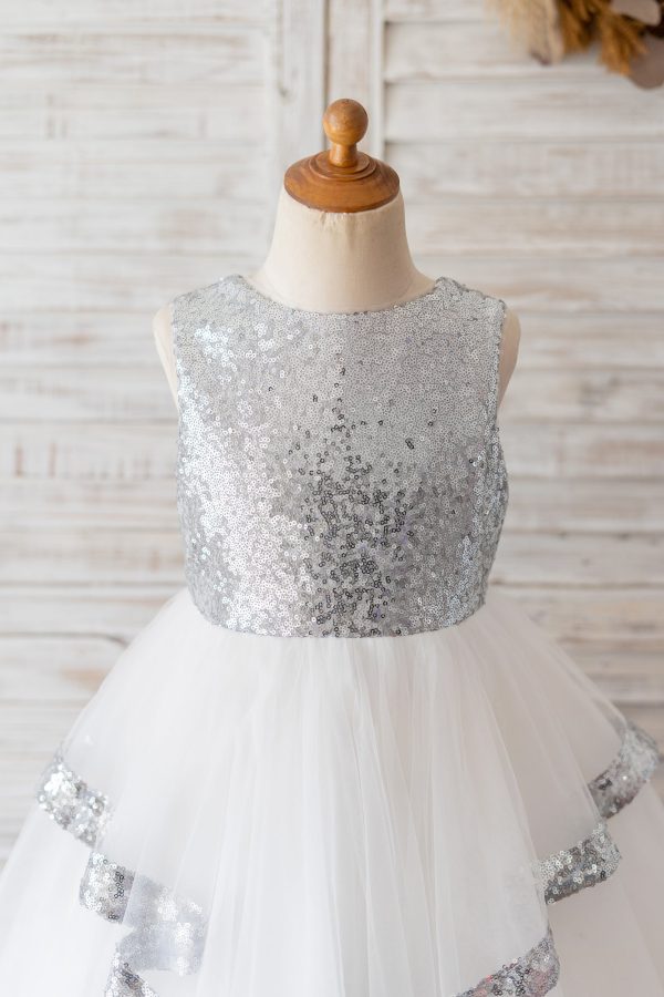 Princess Backless Silver Sequin Tulle Wedding Flower Girl Dress Kids Birthday Party - Image 3