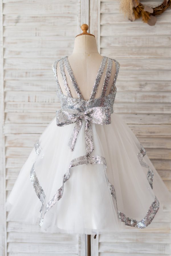 Princess Backless Silver Sequin Tulle Wedding Flower Girl Dress Kids Birthday Party - Image 2