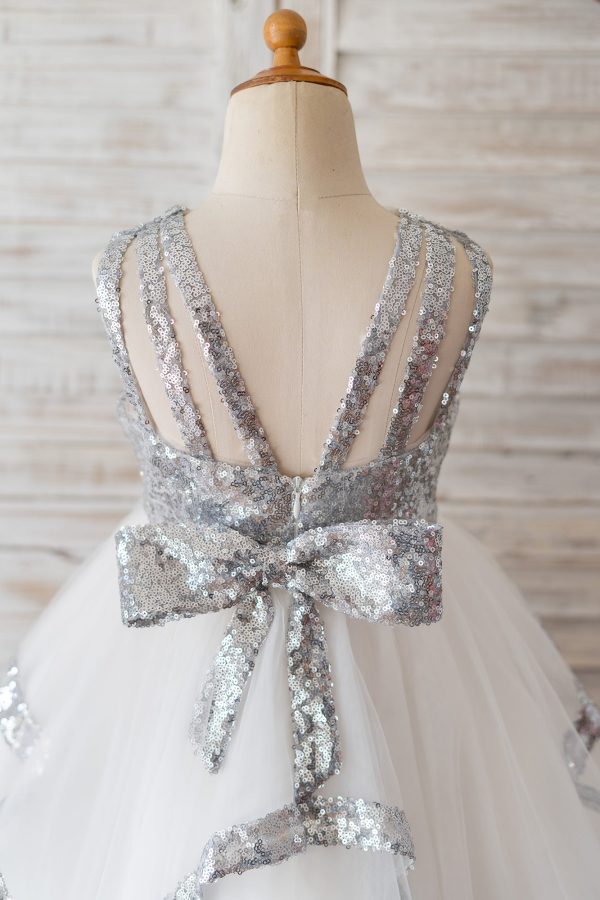 Princess Backless Silver Sequin Tulle Wedding Flower Girl Dress Kids Birthday Party - Image 4