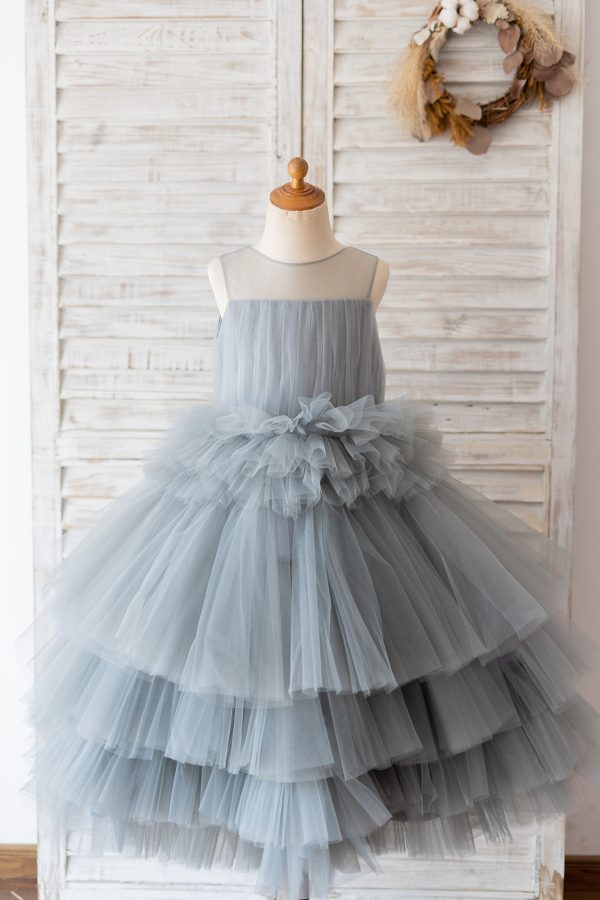Ball Gown Gray Tulle Sheer Neck Cupcake Tea Length Wedding Flower Girl Dress
