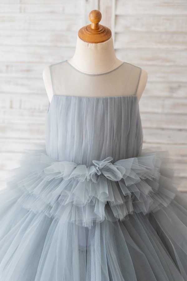 Ball Gown Gray Tulle Sheer Neck Cupcake Tea Length Wedding Flower Girl Dress - Image 3