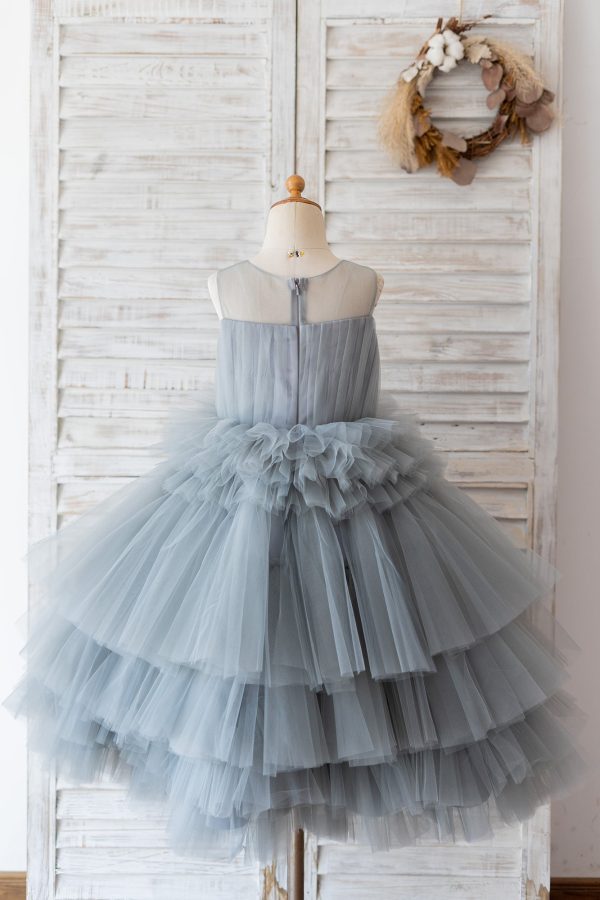 Ball Gown Gray Tulle Sheer Neck Cupcake Tea Length Wedding Flower Girl Dress - Image 2