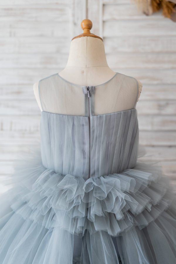Ball Gown Gray Tulle Sheer Neck Cupcake Tea Length Wedding Flower Girl Dress - Image 4