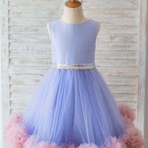 V Back Lavender Satin Tulle Mauve Ruffles Hem Wedding Flower Girl Dress