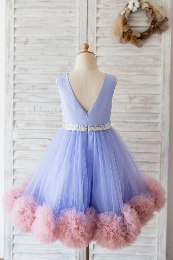 V Back Lavender Satin Tulle Mauve Ruffles Hem Wedding Flower Girl Dress - Image 3
