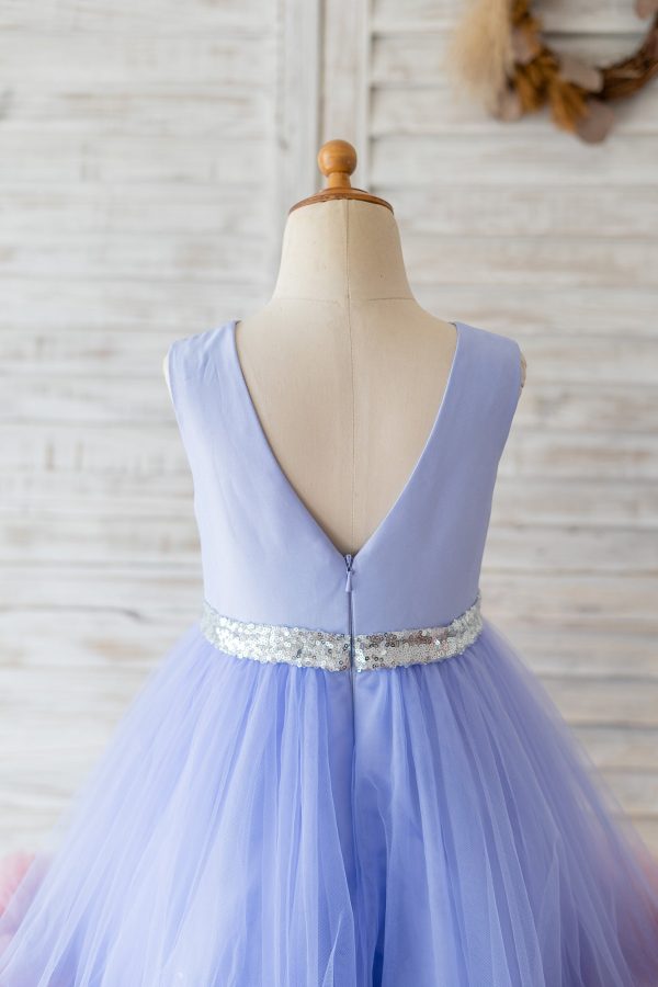 V Back Lavender Satin Tulle Mauve Ruffles Hem Wedding Flower Girl Dress - Image 4