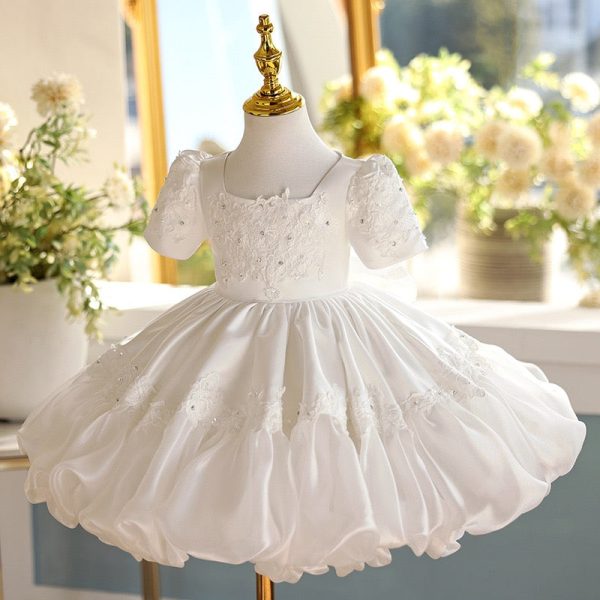 Square Neck Beaded Lace White Taffeta Bubble Birthday Wedding Flower Girl Dress, Bow - Image 4