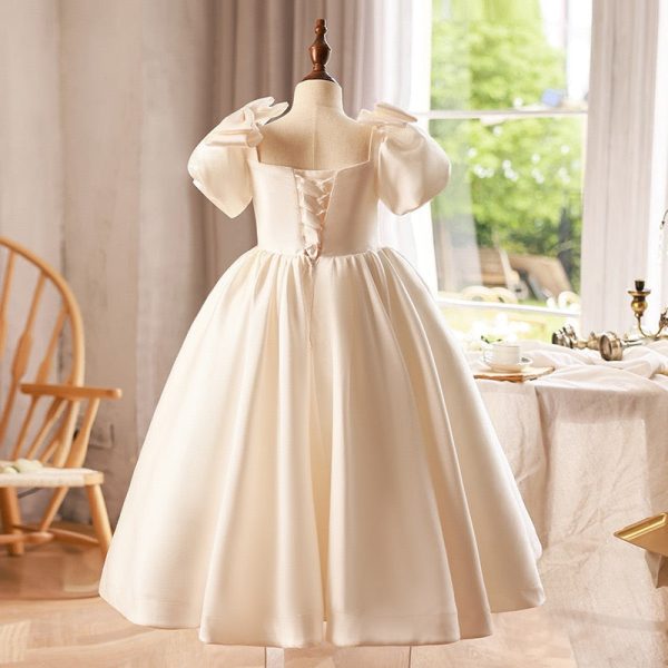 Princess Ball Gown Puff Sleeve Ivory Satin Square Neck Wedding Flower Girl Dress, Bow - Image 2