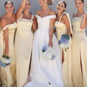 Yellow Satin Square Neck Straps Backless Floor Length A-Line Bridesmaid Dress, Slit