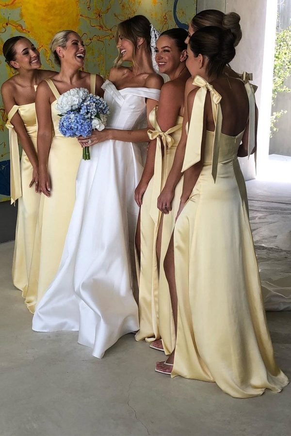 Yellow Satin Square Neck Straps Backless Floor Length A-Line Bridesmaid Dress, Slit - Image 3