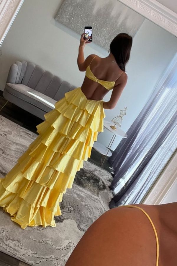 Yellow Spaghetti Straps V-Neck Crisscross Tiered Satin Long Prom Dress, Slit - Image 2