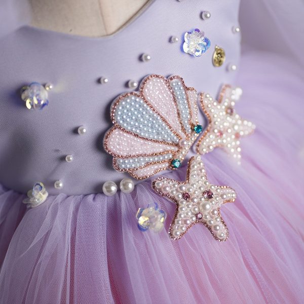 Princess Ball Gown Ocean Pearls Shell V Neck Tulle Birthday Party Fancy Baby Girl Dress, Bow - Image 4