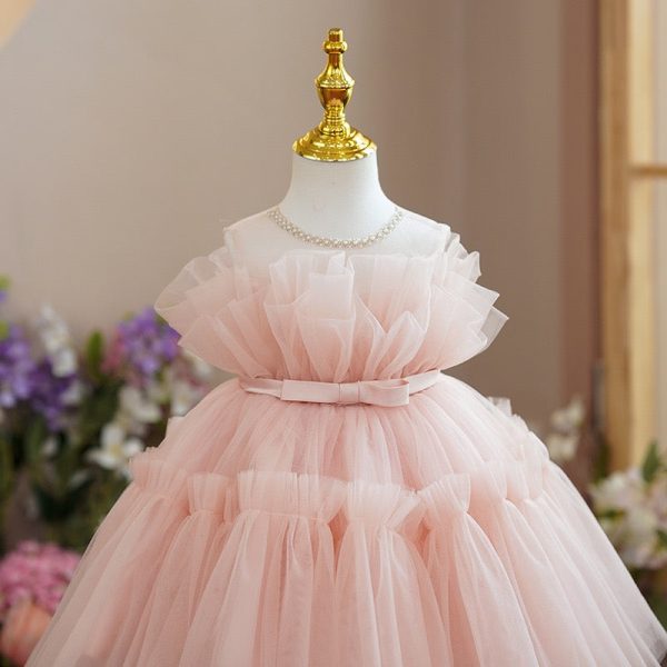 Pearled Sheer Neck Sleeveless Keyhole Ruffled Pink Tulle Wedding Flower Girl Dress, Belt - Image 4