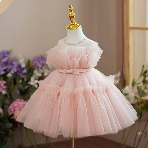 Pearled Sheer Neck Sleeveless Keyhole Ruffled Pink Tulle Wedding Flower Girl Dress, Belt - Image 3