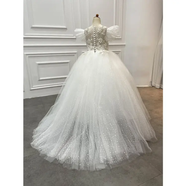 Princess Ball Gown Flutter Sleeves Beading Birthday Wedding Flower Girl Dress, Appliques - Image 4