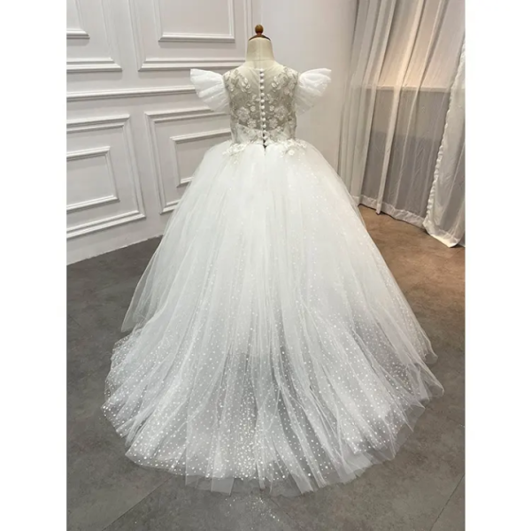 Princess Ball Gown Flutter Sleeves Beading Birthday Wedding Flower Girl Dress, Appliques - Image 2