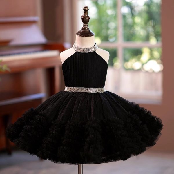 Princess Ball Gown Black Tulle Sleeveless Ruffles Wedding Flower Girl Dress, Train Bow - Image 5