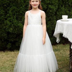 Princess White Lace Tulle Sleeveless Straps Tea Length Wedding Flower Girl Dress