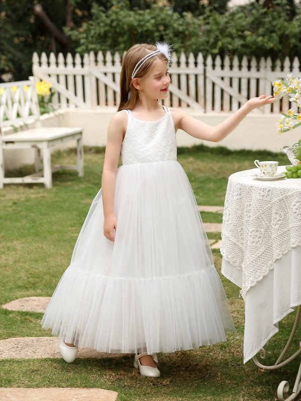 Princess White Lace Tulle Sleeveless Straps Tea Length Wedding Flower Girl Dress - Image 4