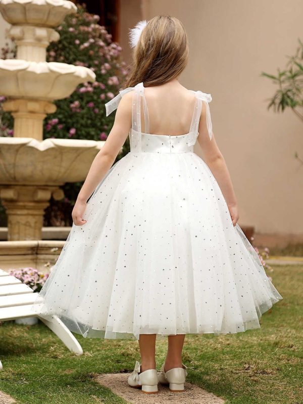 Princess White Tulle Sequined Bow Straps Square Neck Backless Wedding Flower Girl Dress - Image 3