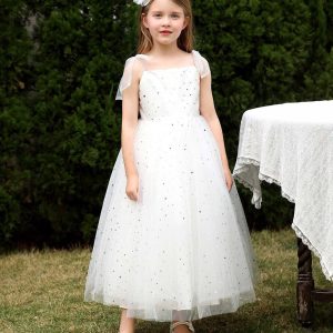 Princess White Tulle Sequined Bow Straps Square Neck Backless Wedding Flower Girl Dress