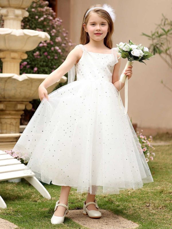 Princess White Tulle Sequined Bow Straps Square Neck Backless Wedding Flower Girl Dress - Image 4