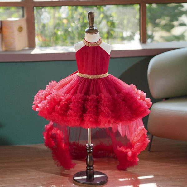 Princess Ball Gown Black Tulle Sleeveless Ruffles Wedding Flower Girl Dress, Train Bow - Image 6