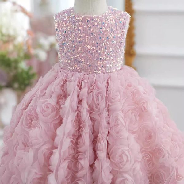 Ball Gown Sequined 3D Rosette Sleeveless Knee Length Wedding Party Flower Girl Dress, Bow - Image 4