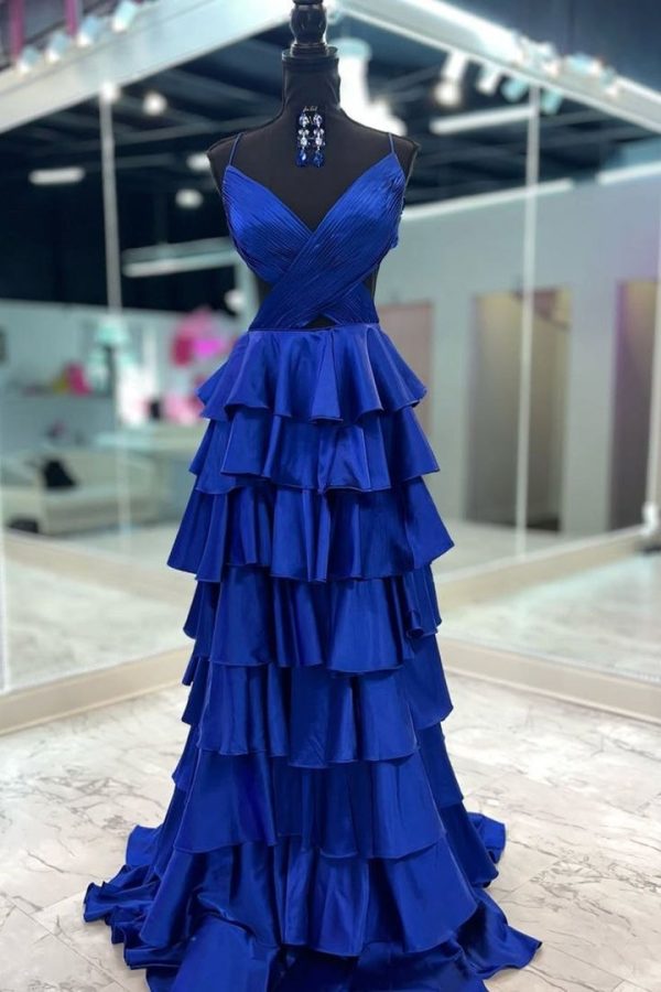 Yellow Spaghetti Straps V-Neck Crisscross Tiered Satin Long Prom Dress, Slit - Image 8