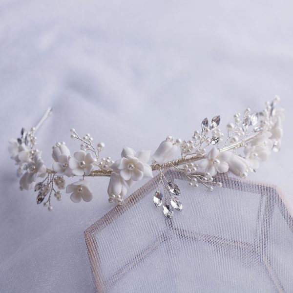 White Floral Porcelain Ceramic and Pearl Tiara-Crown - Image 3