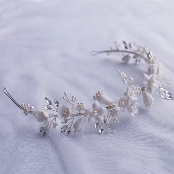 White Floral Porcelain Ceramic and Pearl Tiara-Crown - Image 5
