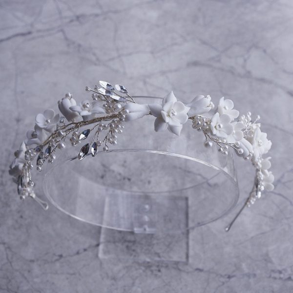 White Floral Porcelain Ceramic and Pearl Tiara-Crown - Image 4