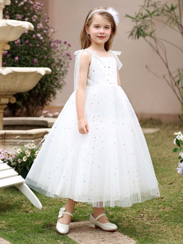 Princess White Tulle Sequined Bow Straps Square Neck Backless Wedding Flower Girl Dress - Image 5